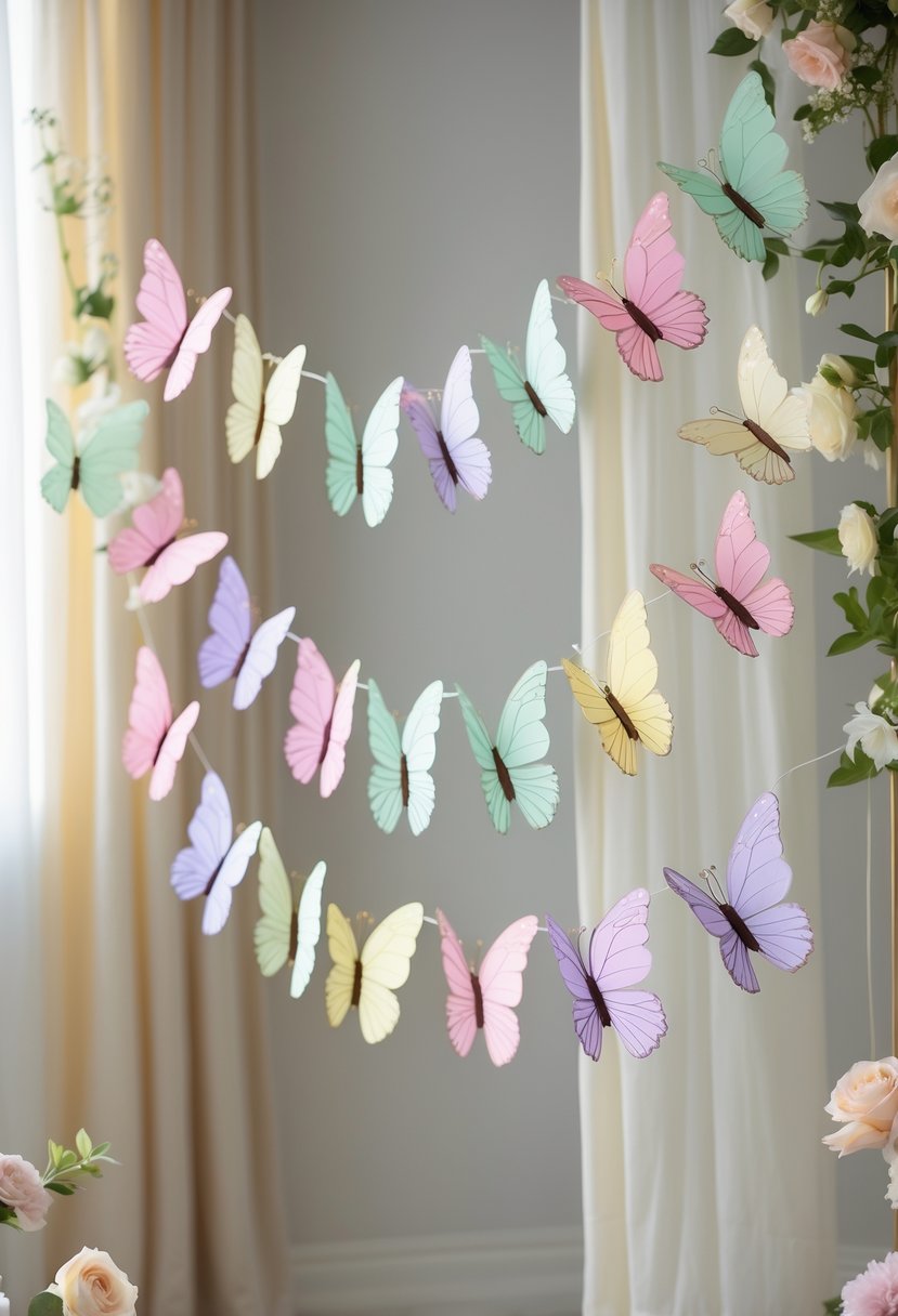 A decorative banner made of sixteen colorful butterflies arranged for a baby shower celebration.