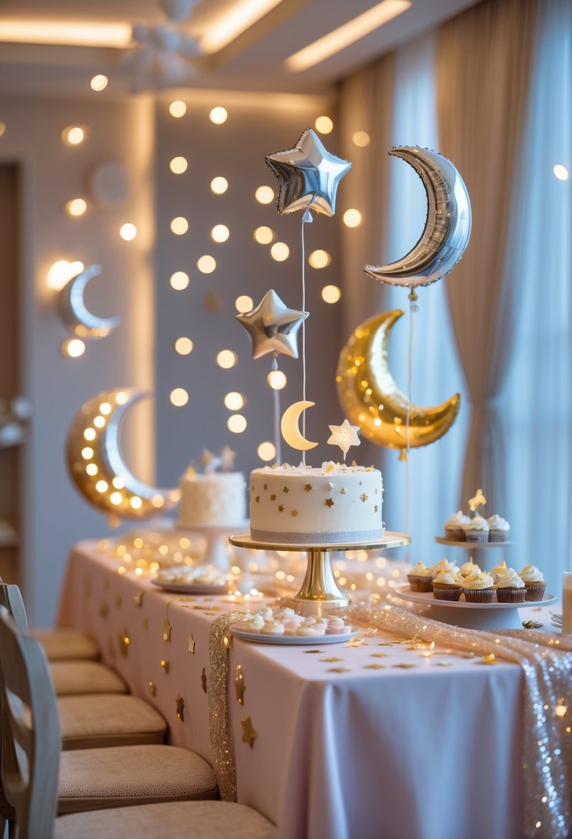 A baby shower setup with moon and star decorations, glitter confetti, balloons, and a themed cake on a decorated table.