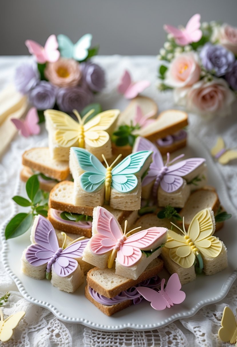 A platter of butterfly-shaped finger sandwiches surrounded by pastel baby shower decorations including flowers and ribbons.