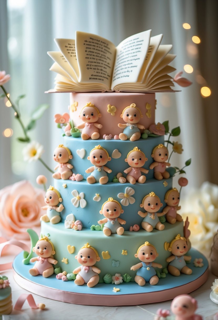 A multi-tiered baby shower cake decorated with pastel colors and 17 unique baby figures around it, surrounded by soft decorations.