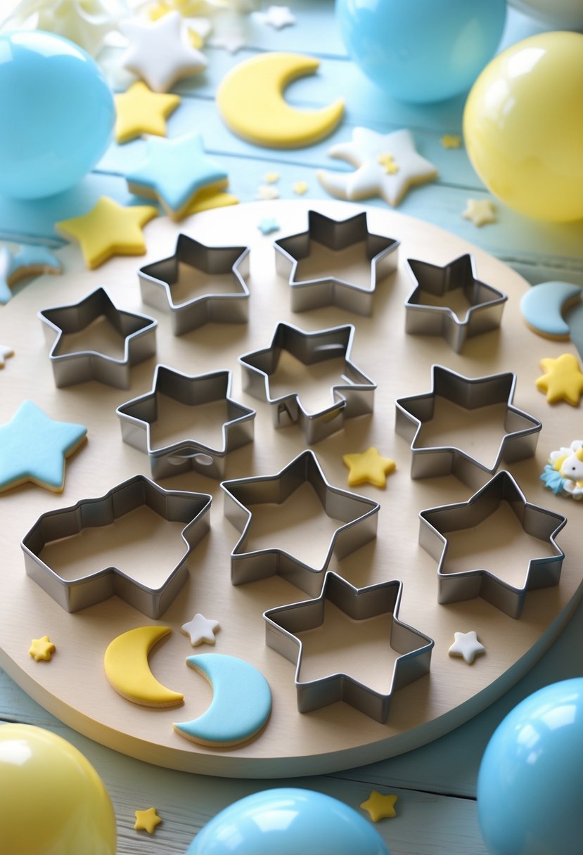 Star-shaped cookie cutters surrounded by pastel baby shower decorations with moon and star motifs on a wooden surface.
