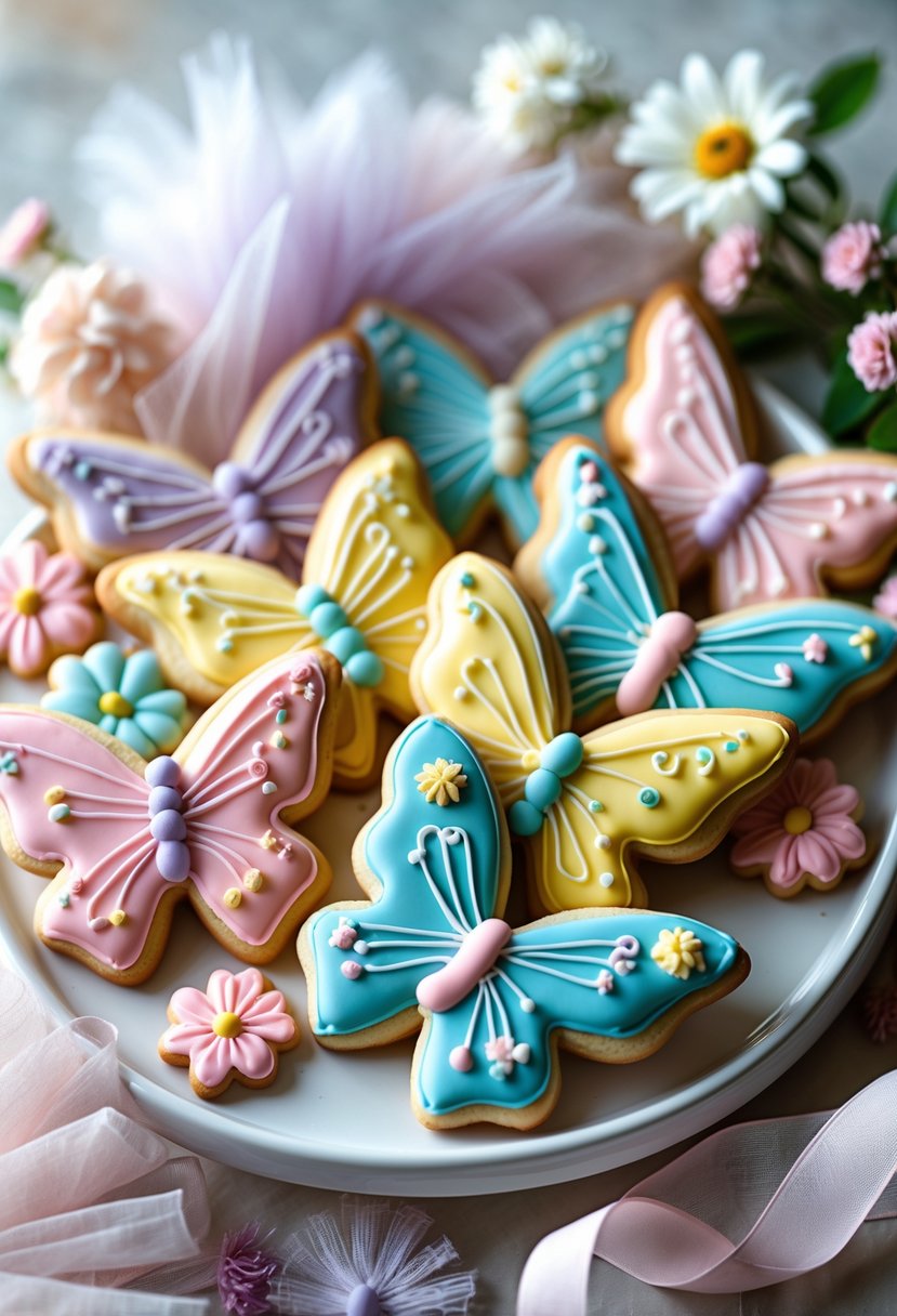 Butterfly-shaped sugar cookies decorated with pastel icing arranged on a platter surrounded by baby shower decorations.