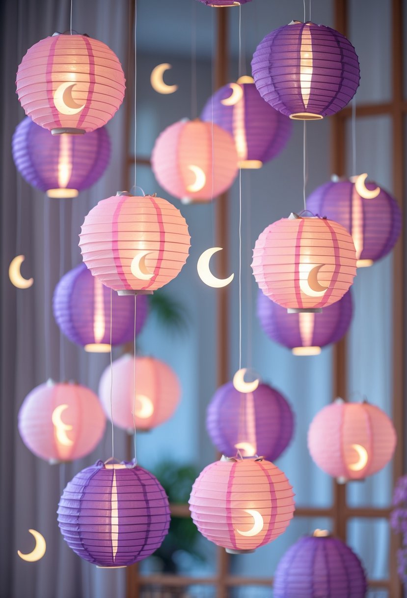 A group of pink and purple paper lanterns with crescent moon cutouts hanging as baby shower decorations.