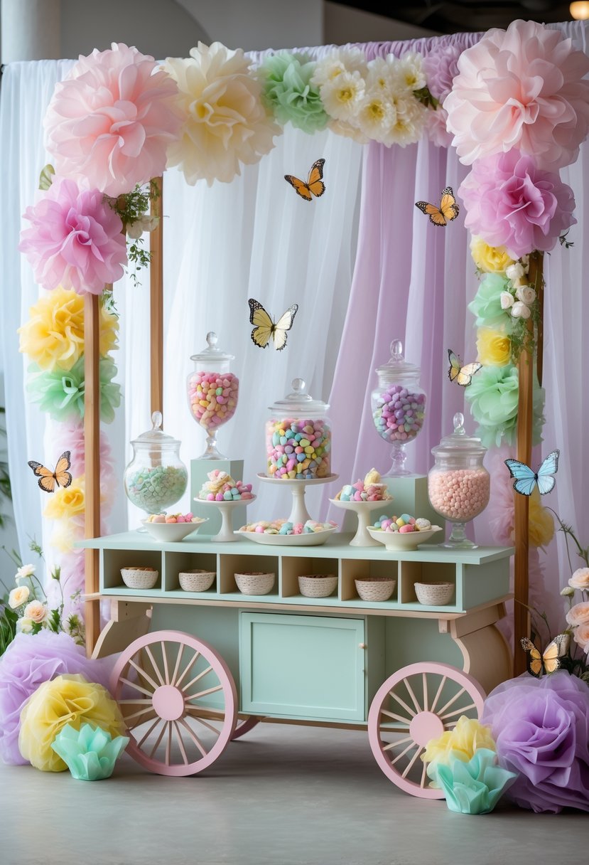 A decorated candy cart with colorful candies and butterfly decorations set up for a baby shower.
