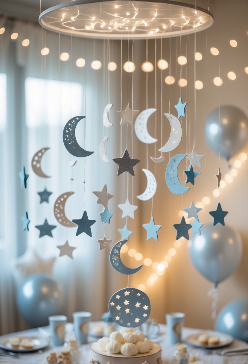 A baby shower decorated with hanging moon and star mobiles suspended over a central moon-themed centerpiece.