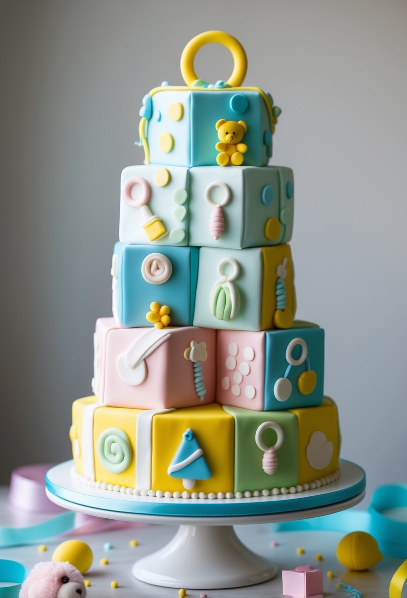A multi-tiered cake designed to look like colorful baby blocks decorated with baby-themed icons, displayed on a white stand with baby shower decorations around it.