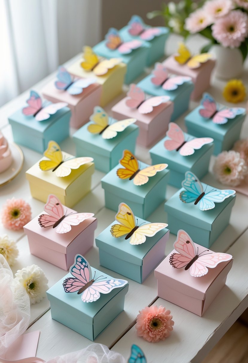 Sixteen butterfly-themed party favor boxes arranged on a table with baby shower decorations.