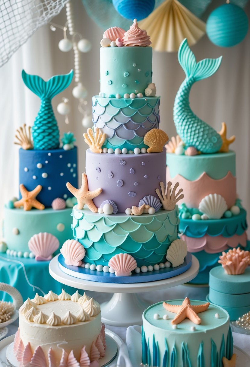 A collection of 17 colorful under-the-sea themed mermaid baby shower cakes decorated with seashells, mermaid tails, and ocean elements arranged on a table.