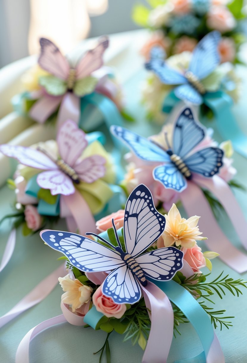 A collection of handmade butterfly corsages with flowers and ribbons arranged on a pastel surface.