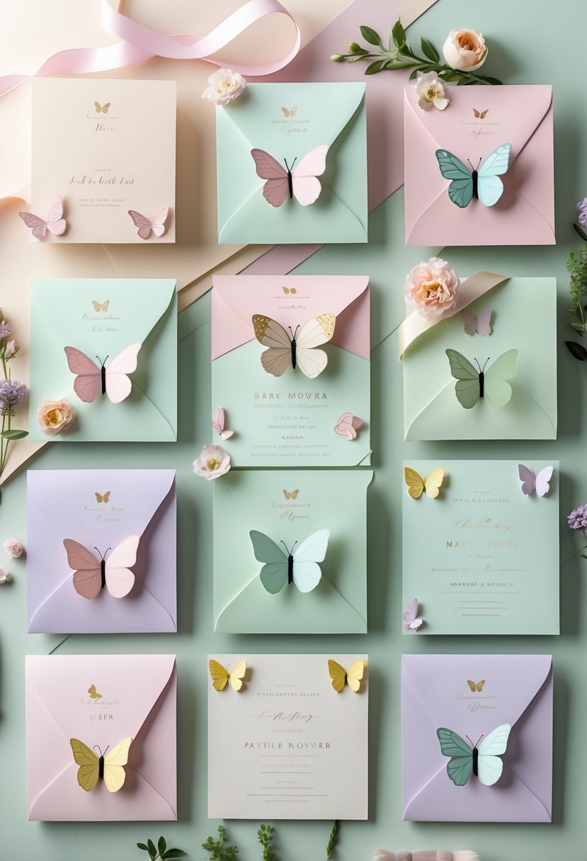 A collection of butterfly-themed baby shower invitation cards and decor items arranged on a pastel background.