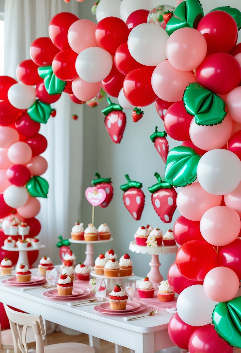 A baby shower decorated with a colorful balloon garland featuring red, pink, white, and green balloons resembling strawberries, along with strawberry-themed cupcakes and floral decorations.
