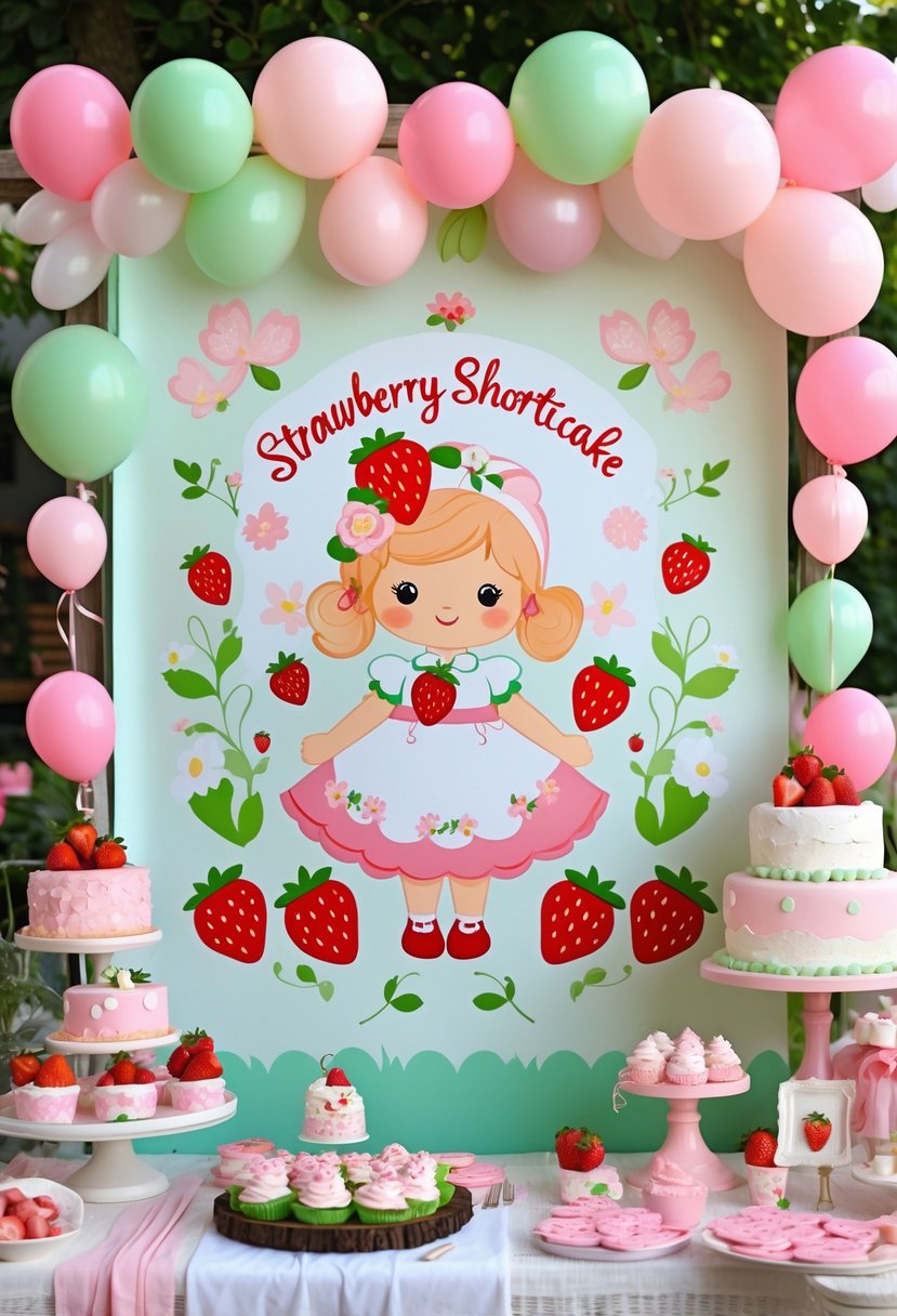 A baby shower setup with a strawberry shortcake themed backdrop banner, balloons, and strawberry decorations.