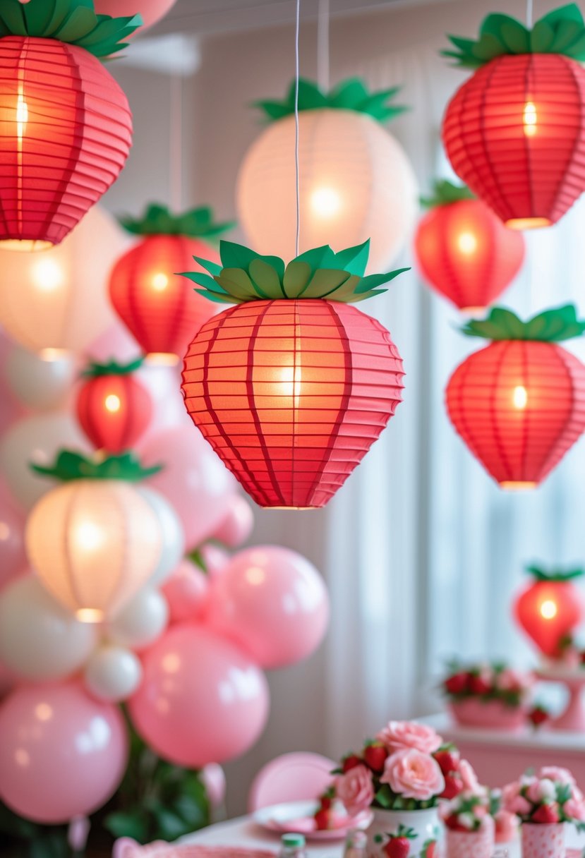 A collection of glowing strawberry-shaped paper lanterns hanging above a baby shower decorated with pink and white balloons and floral arrangements.