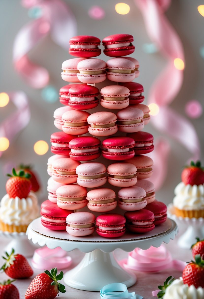 A tall tower of pink and red macarons surrounded by strawberry shortcake baby shower decorations including fresh strawberries and pastel ribbons.