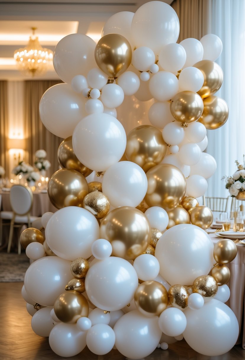 A baby shower decorated with white and gold balloon garlands and elegant table settings.