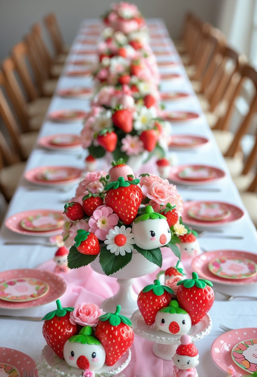 A table filled with 15 strawberry shortcake-themed baby shower centerpieces featuring strawberries, flowers, and small decorative items.
