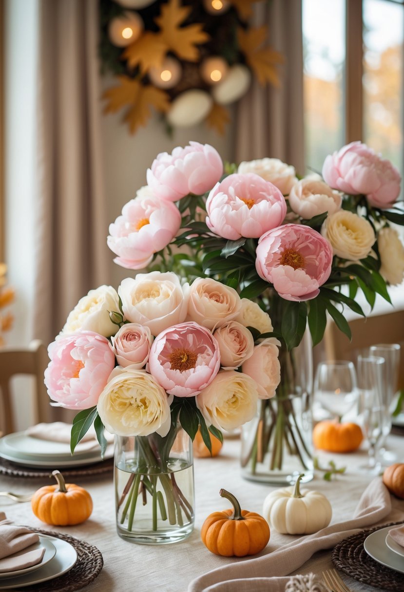 A table with floral centerpieces of pink peonies and cream roses surrounded by autumn decorations for a baby shower.