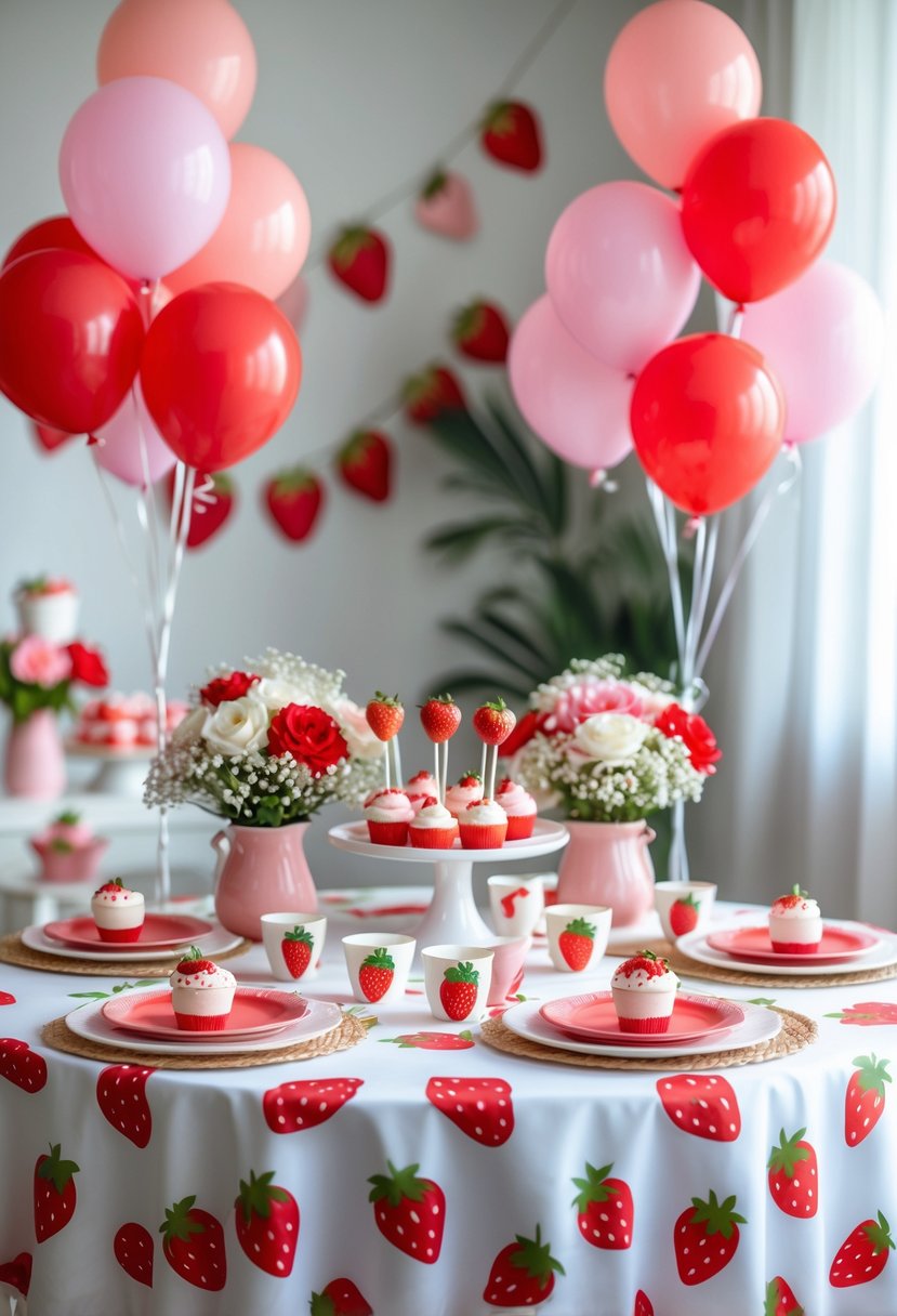 A baby shower table decorated with a white tablecloth covered in red strawberries, surrounded by strawberry-themed treats, flowers, and balloons.