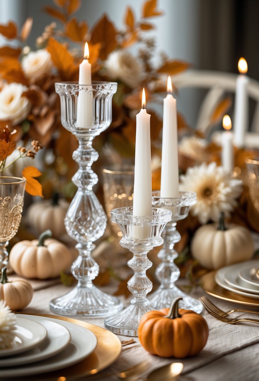 Crystal candle holders with white taper candles on a decorated table with autumn leaves and small pumpkins.