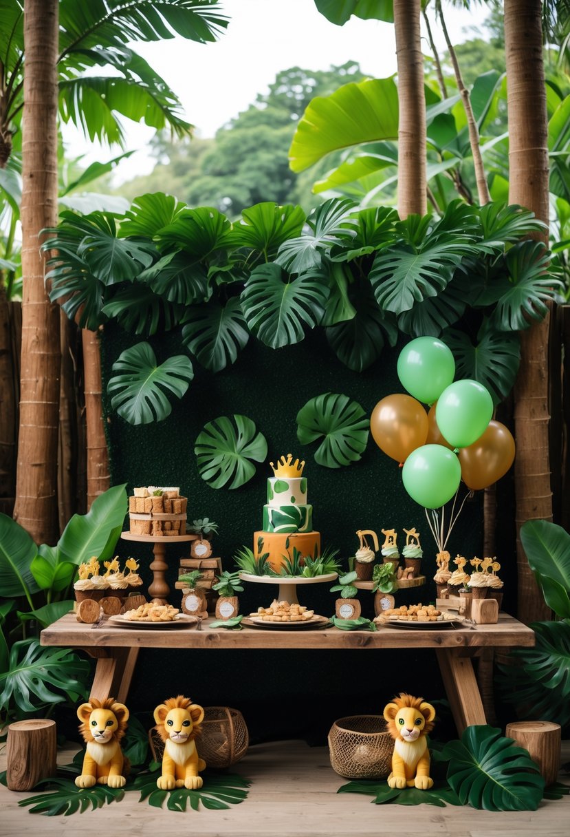 A jungle safari baby shower setup with green foliage, brown tree trunks, and lion-themed decorations arranged on a wooden table.