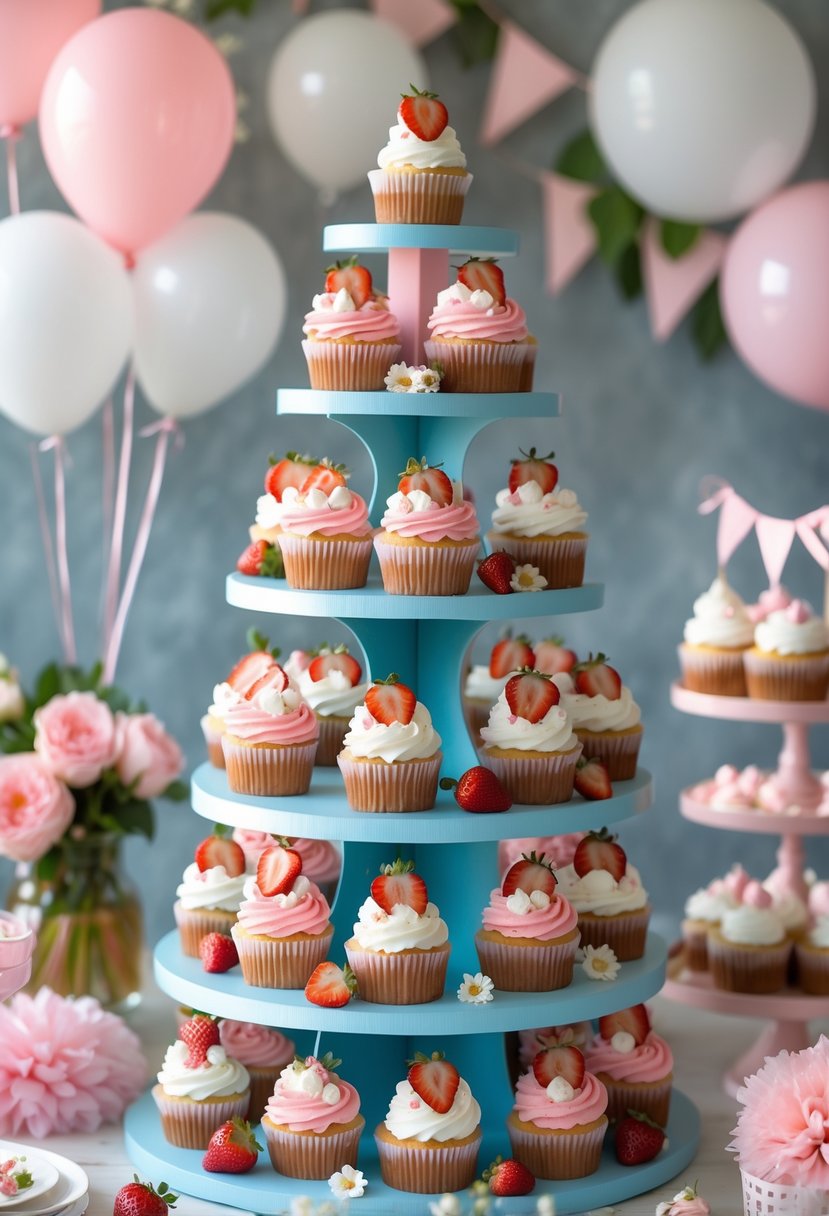 A multi-tiered cupcake stand filled with strawberry shortcake cupcakes surrounded by baby shower decorations including balloons and flowers.