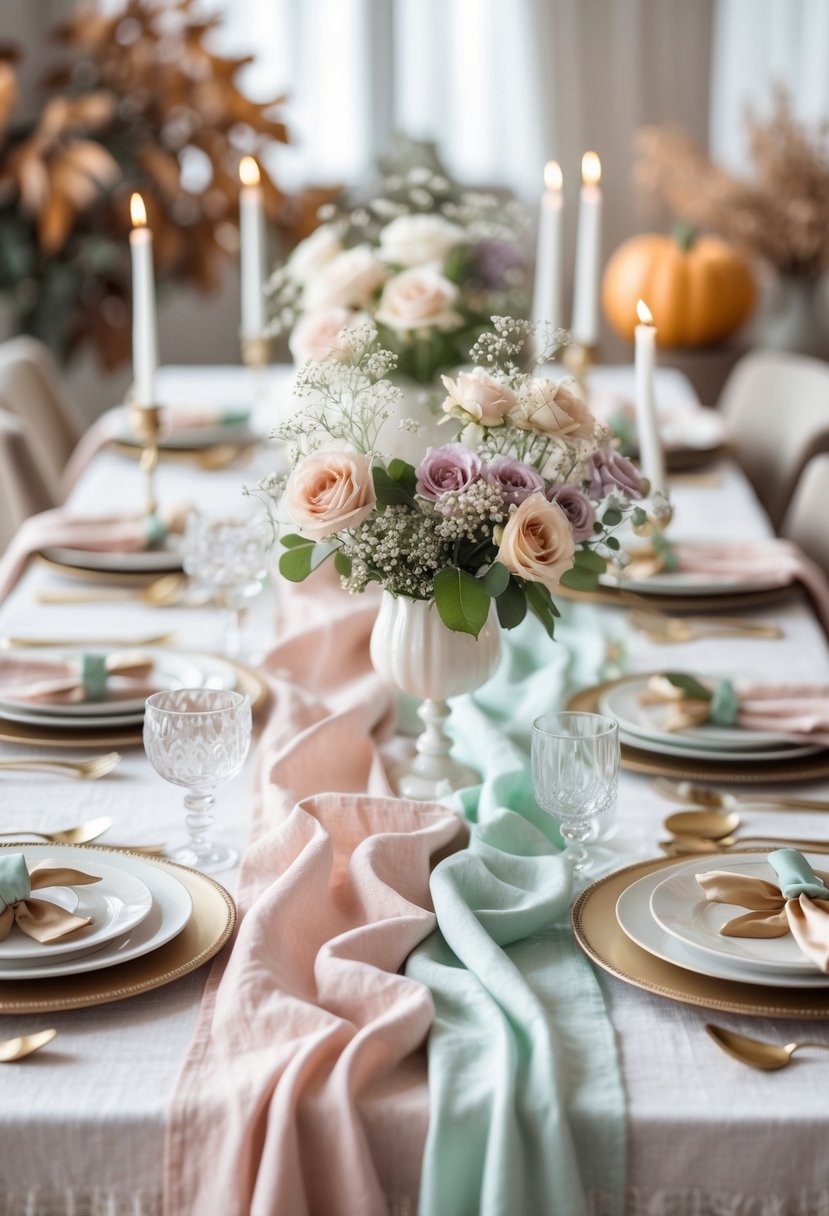 A decorated baby shower table with pastel-colored linen runners, floral centerpieces, candles, and autumn-themed accents.