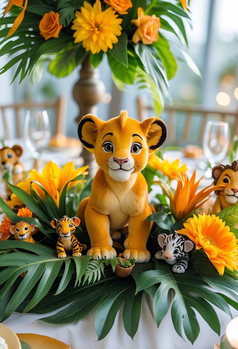 A baby shower centerpiece with a baby lion figurine surrounded by tropical leaves and colorful flowers.