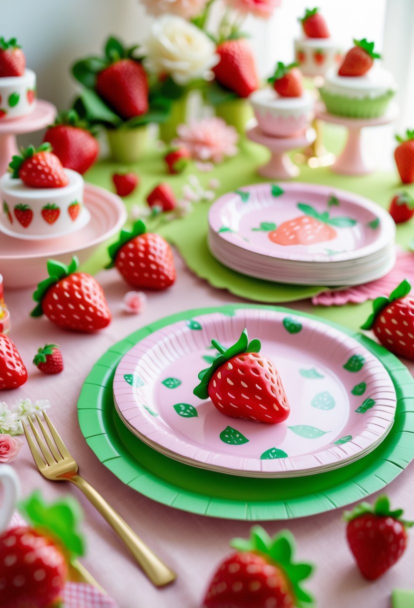A baby shower table set with strawberry-shaped paper plates and napkins surrounded by strawberry-themed decorations and fresh strawberries.