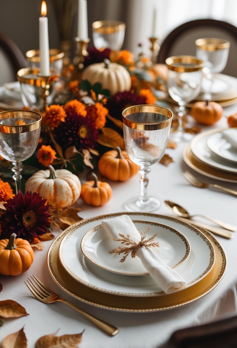 A baby shower table set with gold-rimmed glassware, fine china, autumn flowers, pumpkins, and golden leaves.