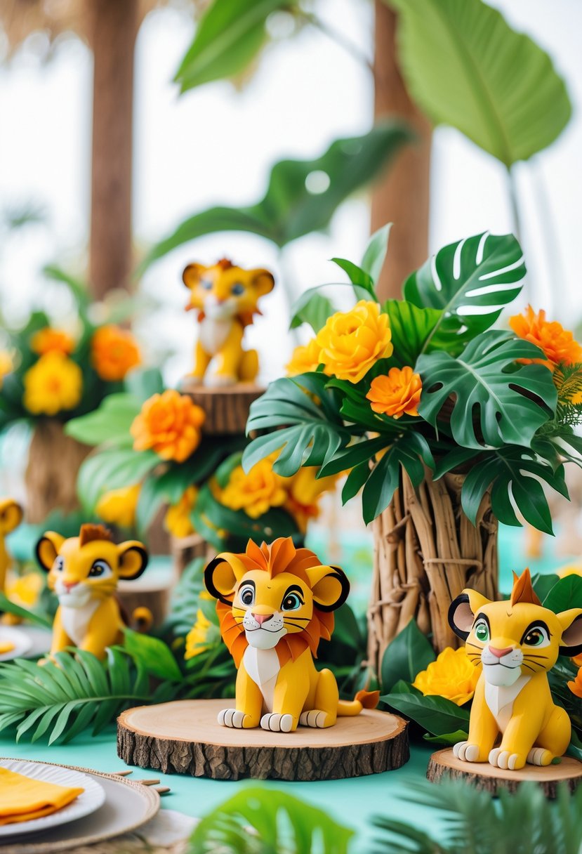 A table with 15 colorful Lion King-themed baby shower centerpieces featuring figurines of Simba and friends surrounded by green leaves and natural decorations.