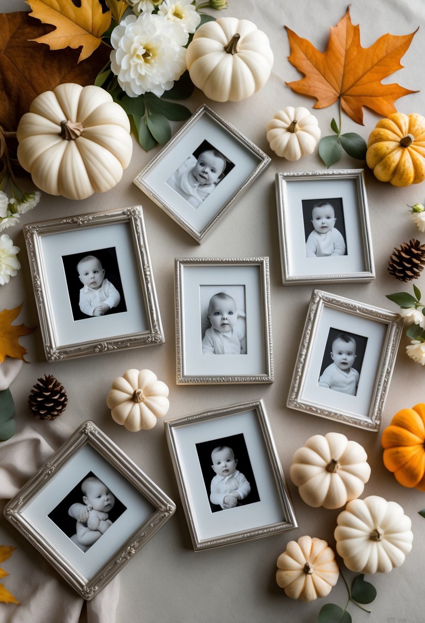 A collection of vintage silver photo frames with baby portraits surrounded by autumn-themed baby shower decorations.
