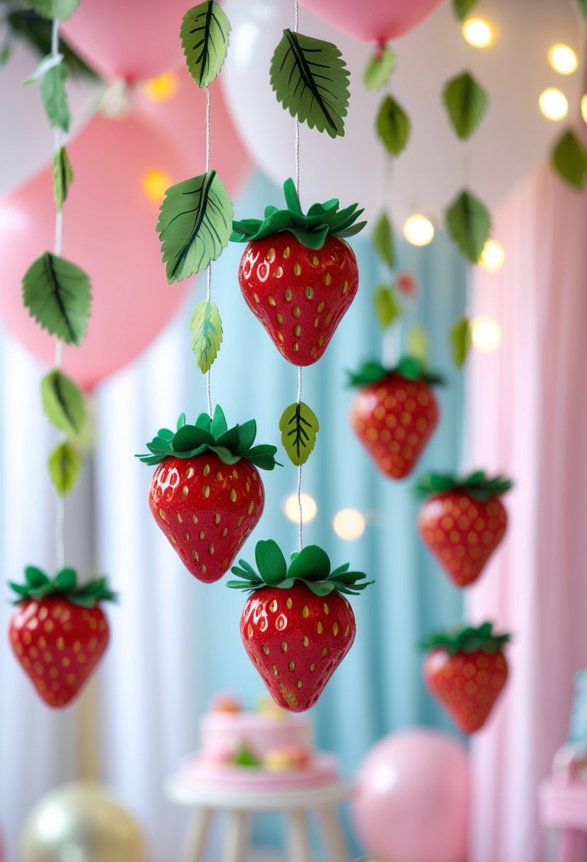 A strawberry garland with green leaves hanging as part of baby shower decorations.