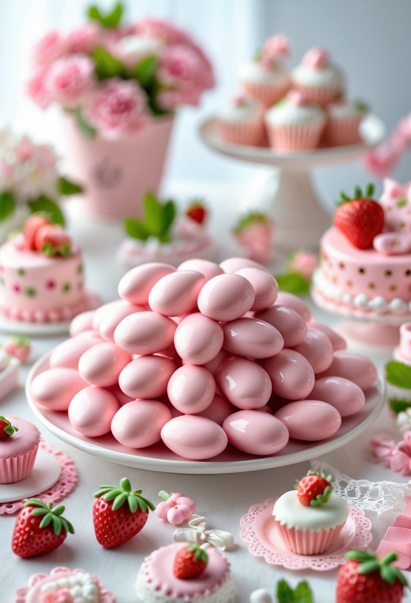 A close-up of pink chocolate-covered almonds surrounded by strawberry shortcake themed baby shower decorations including pastel pink flowers and small ribbons.