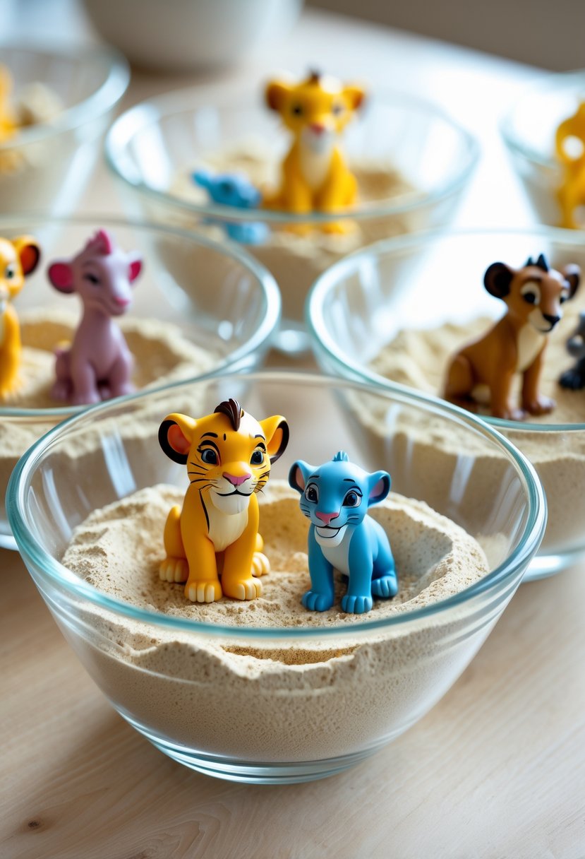 Clear glass bowls filled with sand and plastic Lion King figures arranged on a wooden surface.