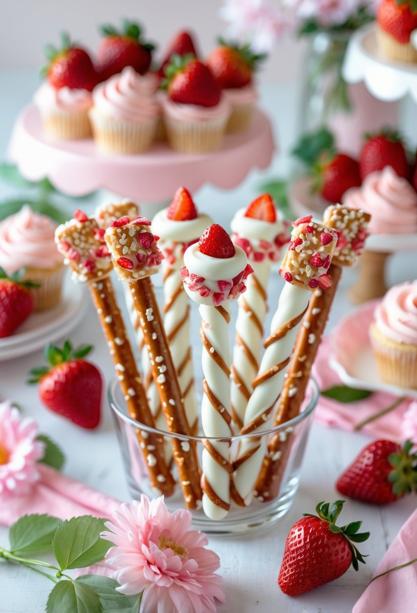 A display of strawberry pretzel rods coated in white chocolate with crushed pretzels and strawberry pieces, surrounded by strawberry cupcakes, fresh strawberries, and pink flowers on a pastel pink table.