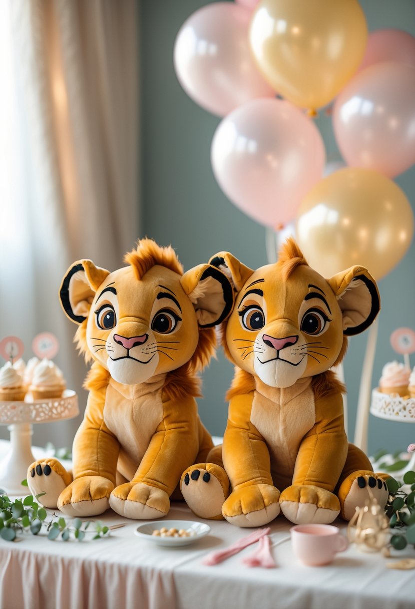 Two baby Simba and Nala plush toys placed on a decorated table with baby shower decorations around them.