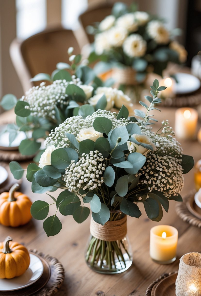 Bouquets of eucalyptus and baby's breath flowers arranged on a table with autumn decorations like small pumpkins and candles.