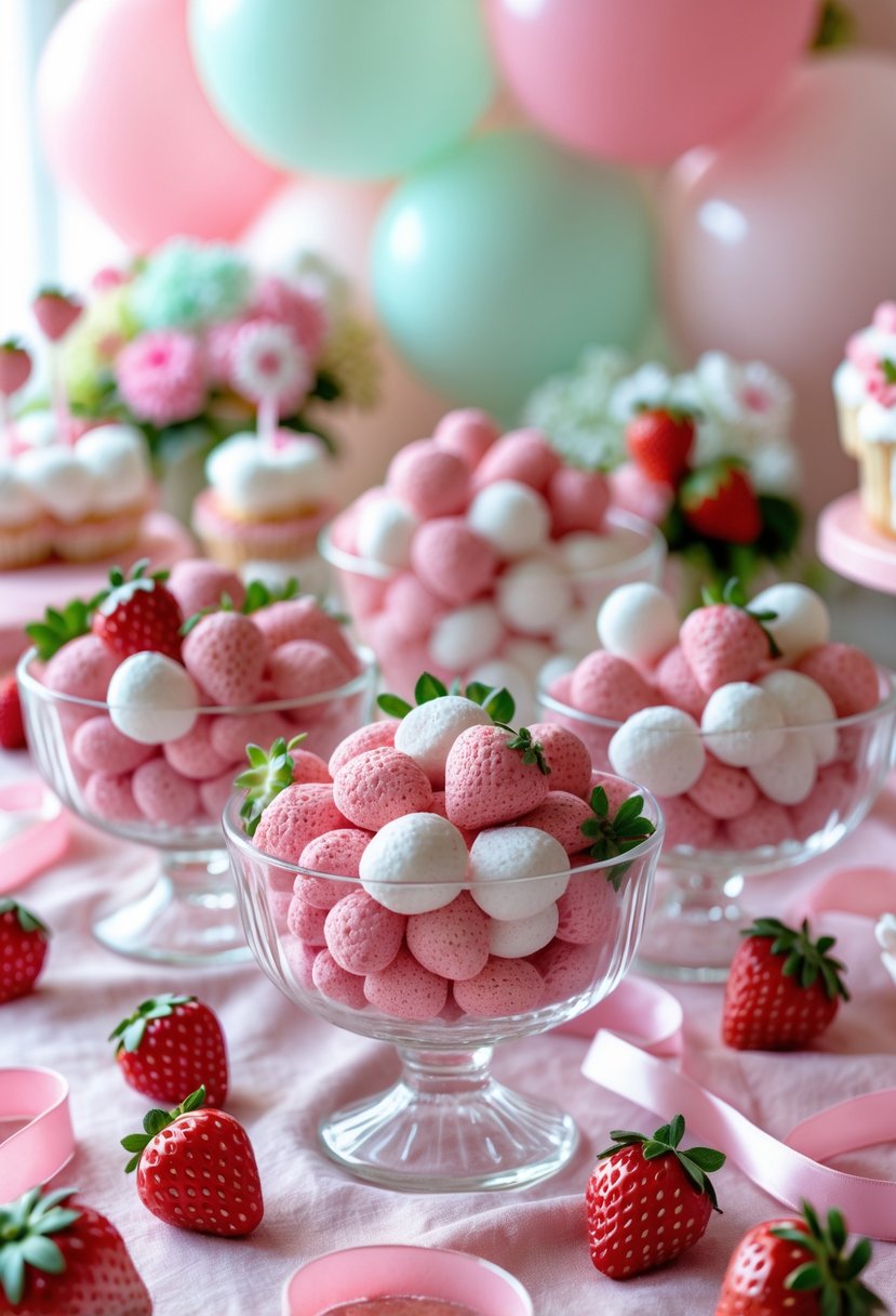 Bowls filled with freeze-dried strawberry candies surrounded by baby shower decorations on a pink table.