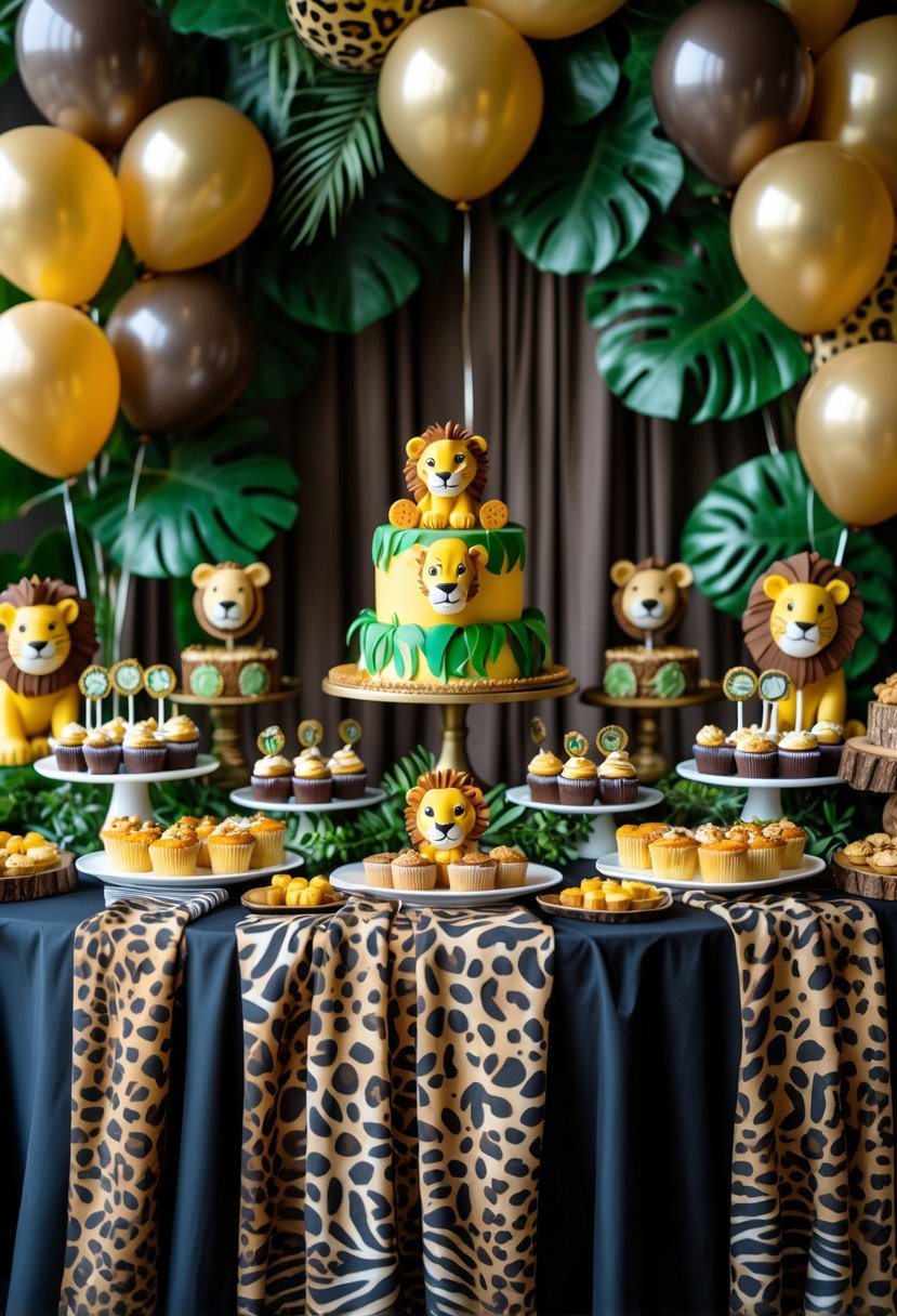 A dessert table decorated with animal print covers and Lion King themed baby shower decorations, featuring sweets and jungle-inspired decor.