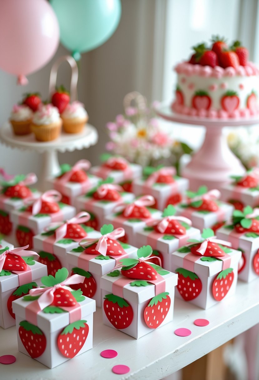 Fifteen small strawberry-themed party favor boxes arranged on a table with baby shower decorations in the background.