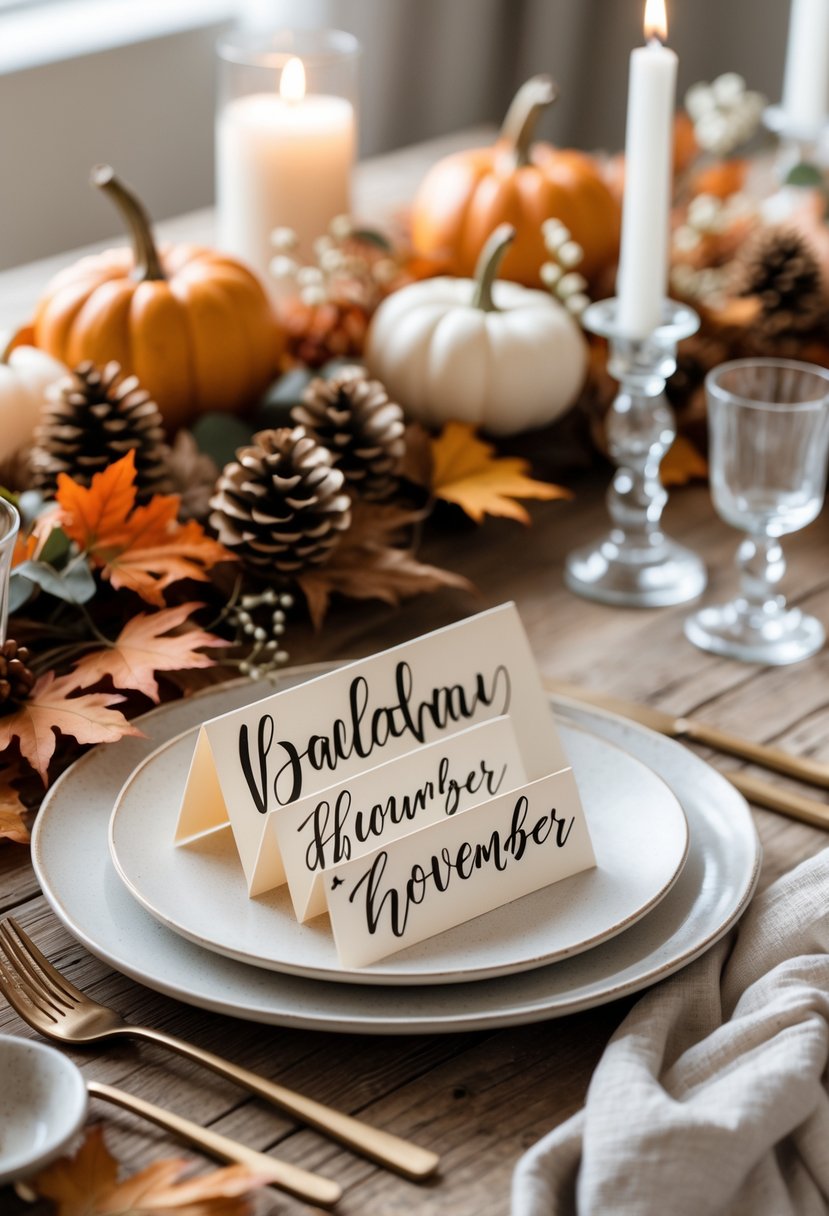 A baby shower table set with elegant calligraphy place cards surrounded by autumn decorations like pumpkins, dried leaves, pinecones, candles, and floral arrangements.