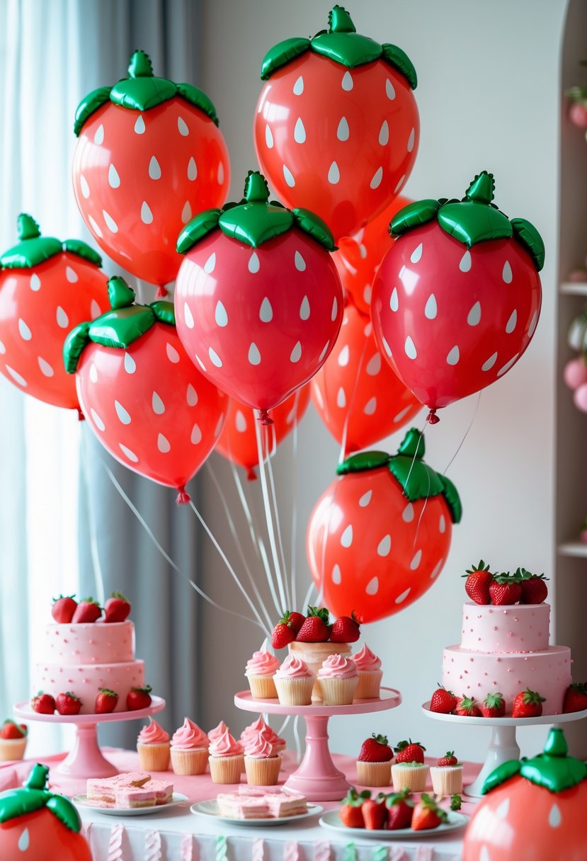 A baby shower setup with 15 red strawberry-shaped balloons above a decorated table with strawberry-themed cakes and cupcakes.