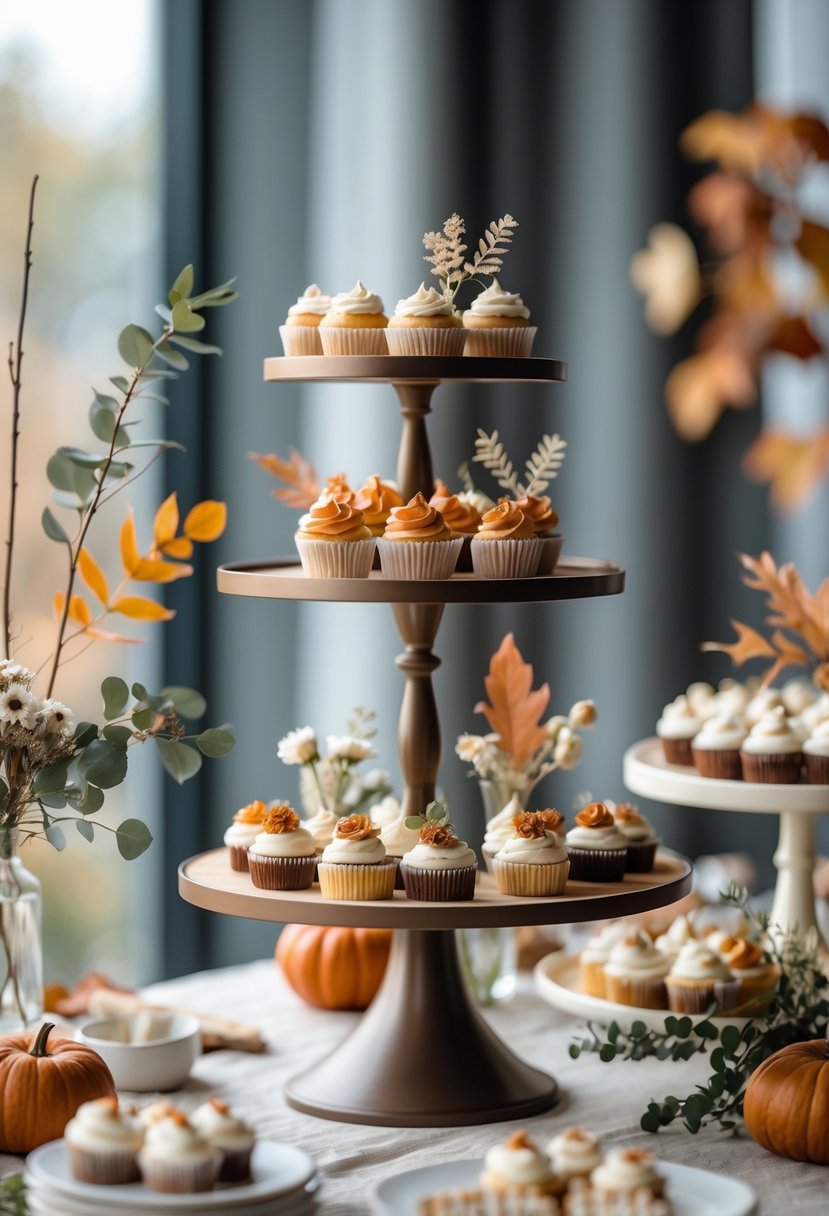 Table with tiered cake stands displaying cupcakes and pastries surrounded by autumn-themed decorations for a baby shower.