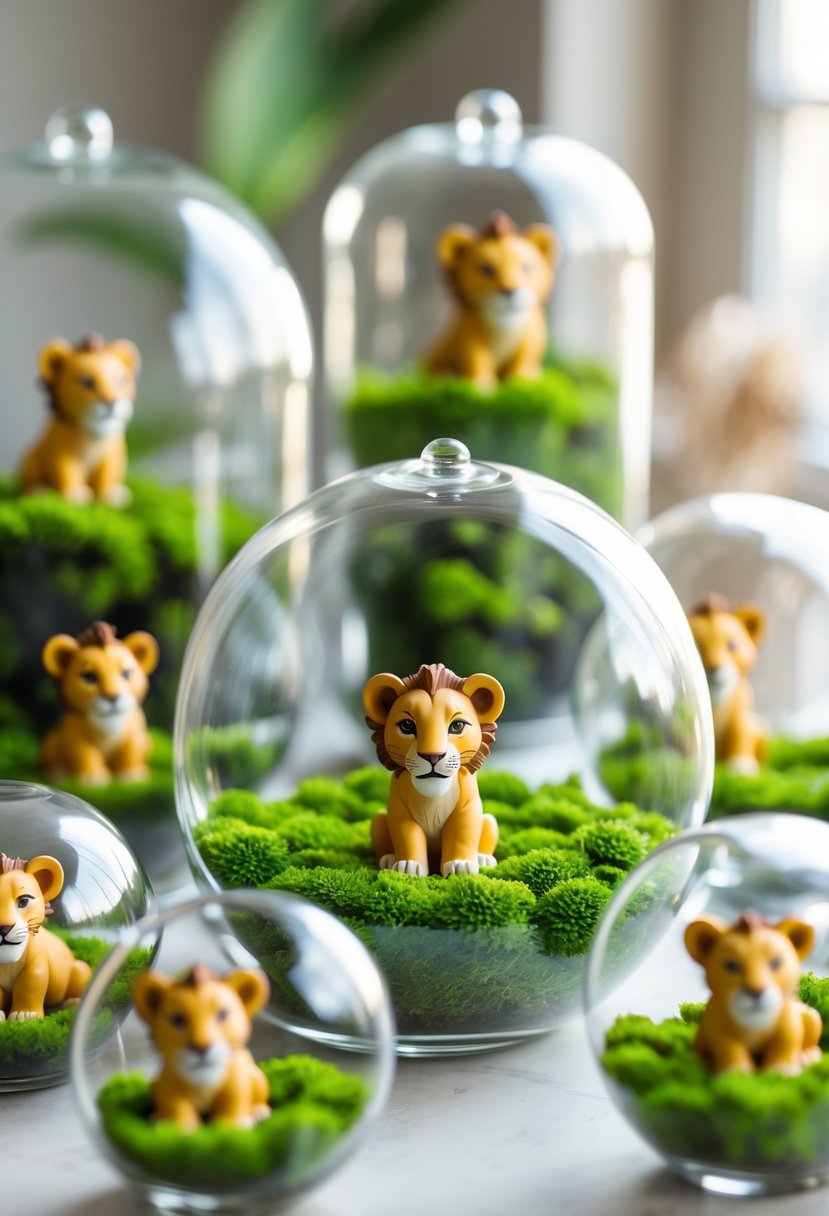 Glass terrariums filled with green moss and small lion cub figurines arranged on a surface.