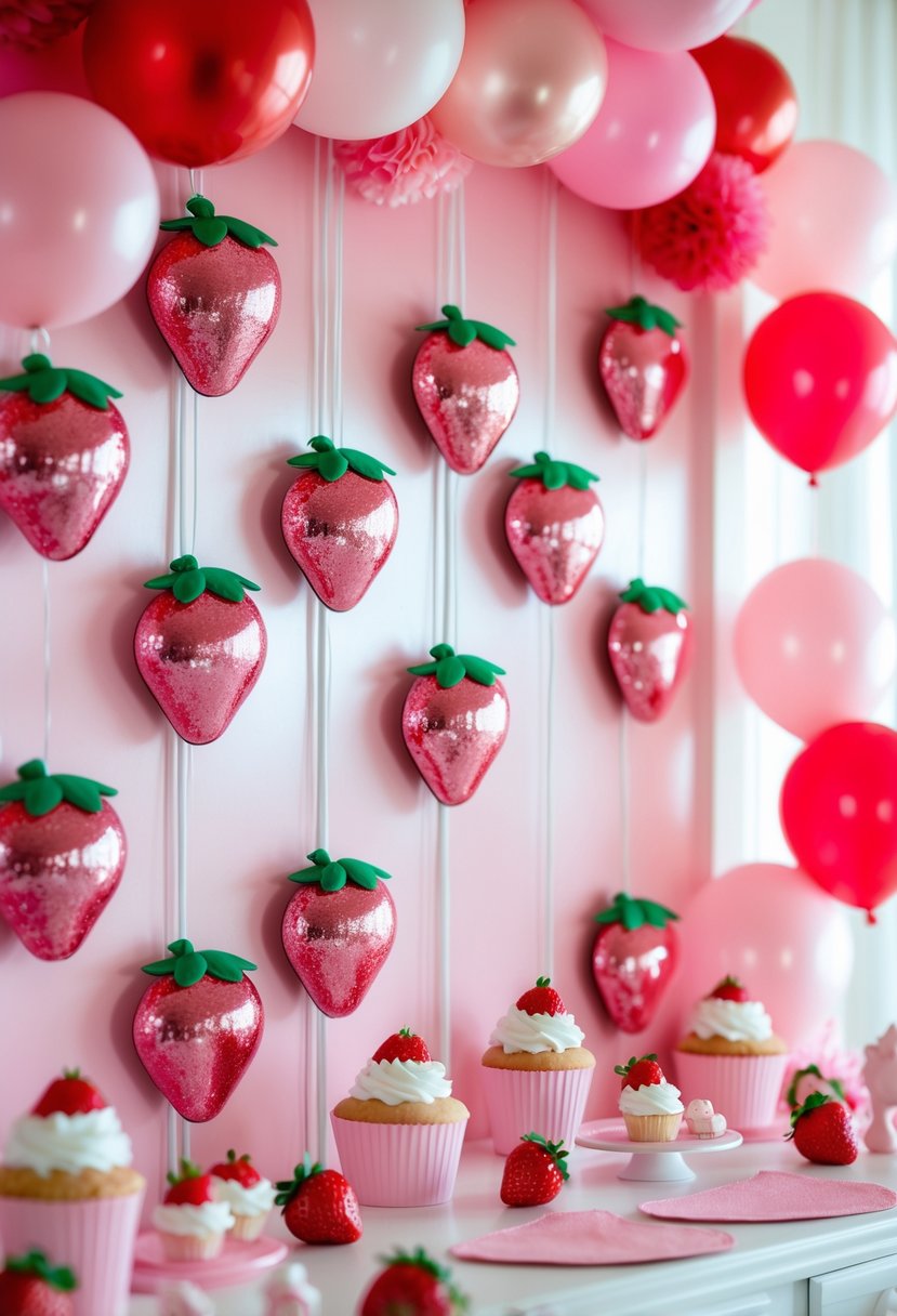 A baby shower setup with sparkling strawberry decorations on a pastel pink and white wall, surrounded by balloons and strawberry-themed party accents.