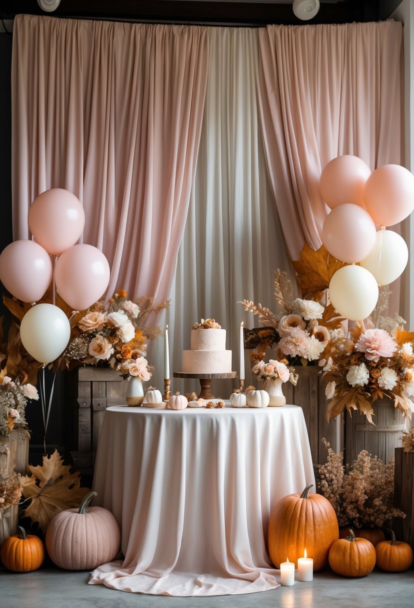 A decorated baby shower scene with blush pink and ivory fabric backdrops, balloons, autumn leaves, pumpkins, flowers, and candles on a table.