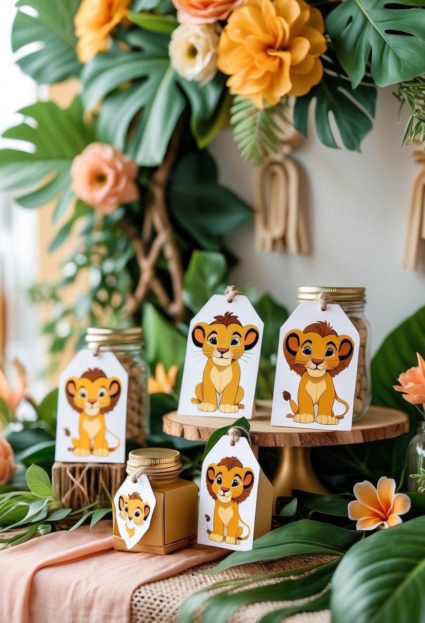 A decorated baby shower table with Lion King character favor tags attached to gift boxes and jars, surrounded by jungle-themed decorations and tropical flowers.