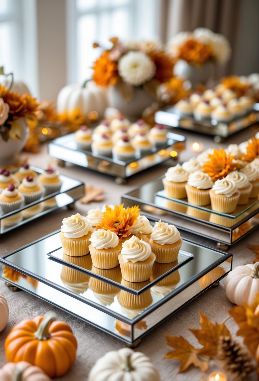 Mirrored rectangular trays displaying assorted desserts on a decorated table with autumn-themed baby shower decorations.