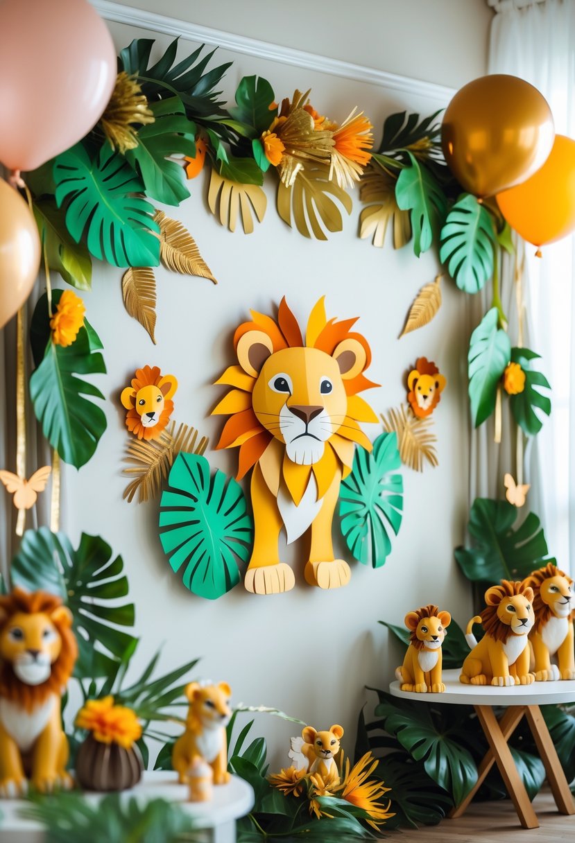 A handmade Lion King themed baby shower banner surrounded by jungle-inspired decorations and baby shower items.