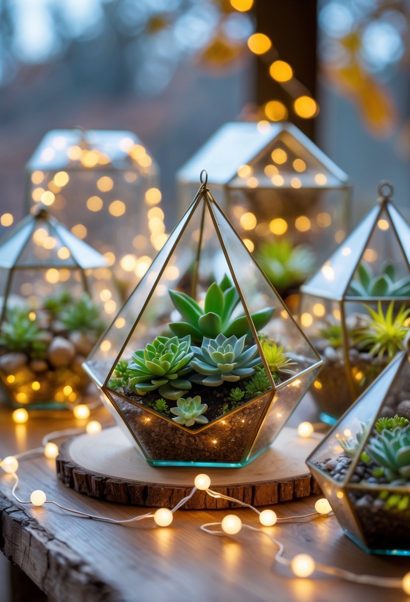 Geometric glass terrariums with succulents and fairy lights arranged on a wooden surface with a warm, softly lit background.
